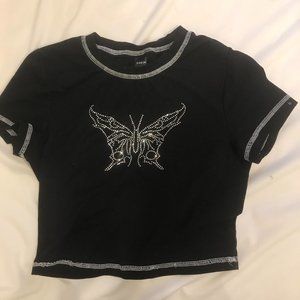 Butterfly Rhinestone Stitch Detail Tee